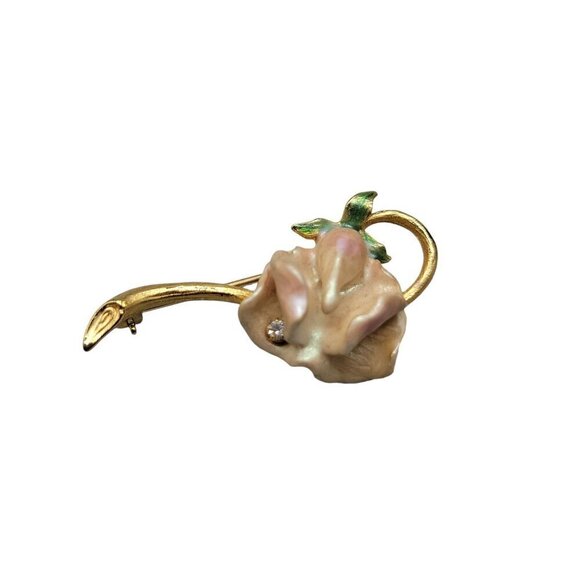Joan Rivers 1980s Soft Pink Enamel Flower Brooch Swarovski Crystal Accent VTG - Picture 3 of 13